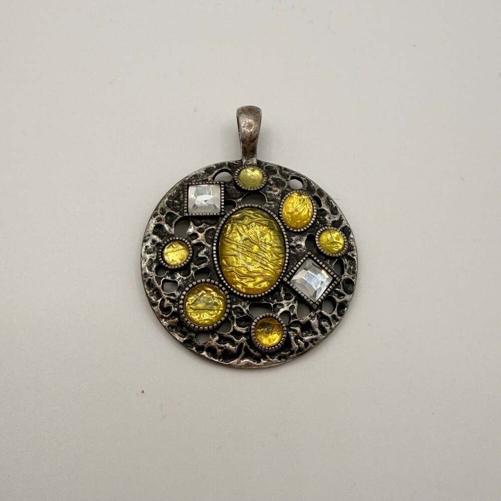Lia Sophia Round Pendant Yellow Rhinestone Silver Tone